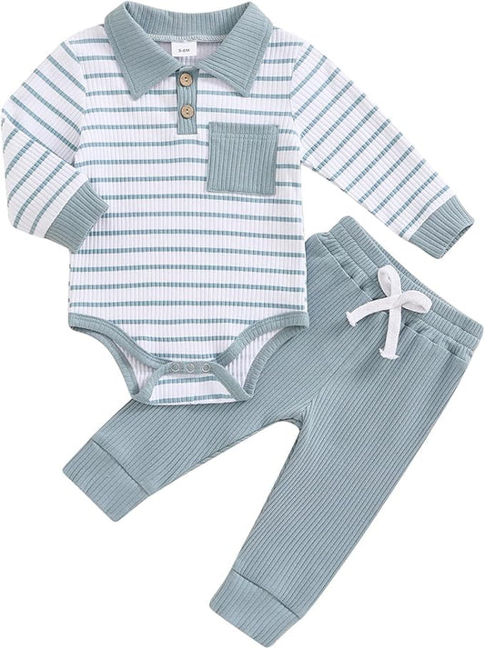 Newborn Baby Boy Girl Clothes Ribbed Knitted Long Sleeve Romper Pants Solid Cotton Infant Fall Winter Outfits 2Pcs