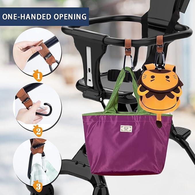 4 Pack Baby Stroller Hooks for Hanging | Multipurpose Stroller Straps with Durable and Stylish Stroller Clips for Diaper Bags | The Perfect Mummy Hook for Stroller, Walker and Shopping (Brown & Black)