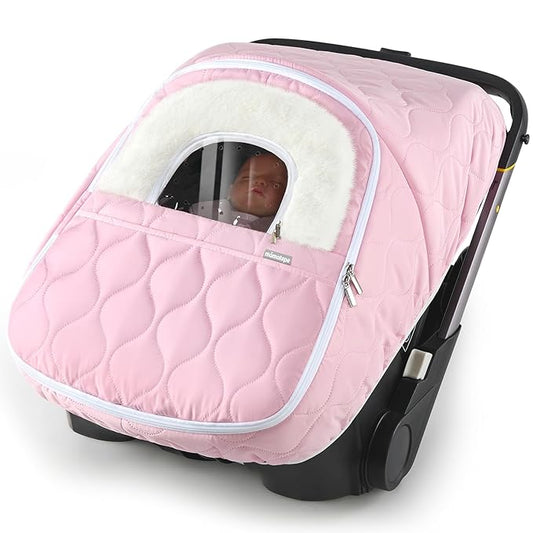 Winter Baby Car Seat Cover, Waterproof, Windproof Warm Fleece Breathable with Full Zipper for Newborn Car Seat, Pink