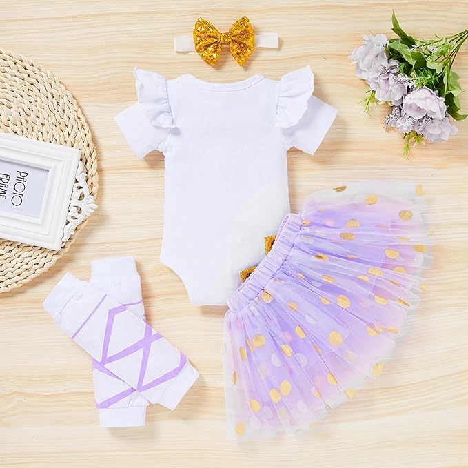 Newborn Baby Girl Outfits Infant Letter Print Romper+Tutu Skirt+Headband+Legging Warmer Coming Home Clothes Set