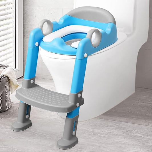 Potty Training Seat with Ladder for Toddler and Kids,Wiifo Sturdy Potty Ladder with Soft Cushion and Splash Guard for Boys and Girls,Foldable Child Toilet Training Seat(Grey Blue)