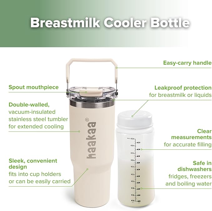 haakaa Portable Breastmilk Cooler 30oz/900ml, Up to 20 Hours of On-The-go Cooling, Larger Capacity Breast Milk Chiller with a 300ml Inner Breastmilk Storage Bottle & Leakproof Lid with Straw & Sip