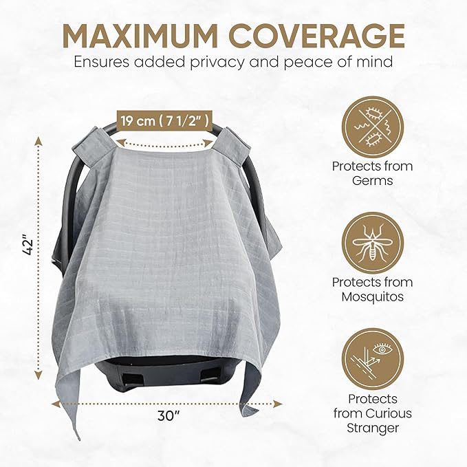MOZAH Baby Car Seat Cover - Belgian Grey - 100% Organic Muslin - Soft, Breathable and Lightweight, Baby Infant Car Seat Essentials