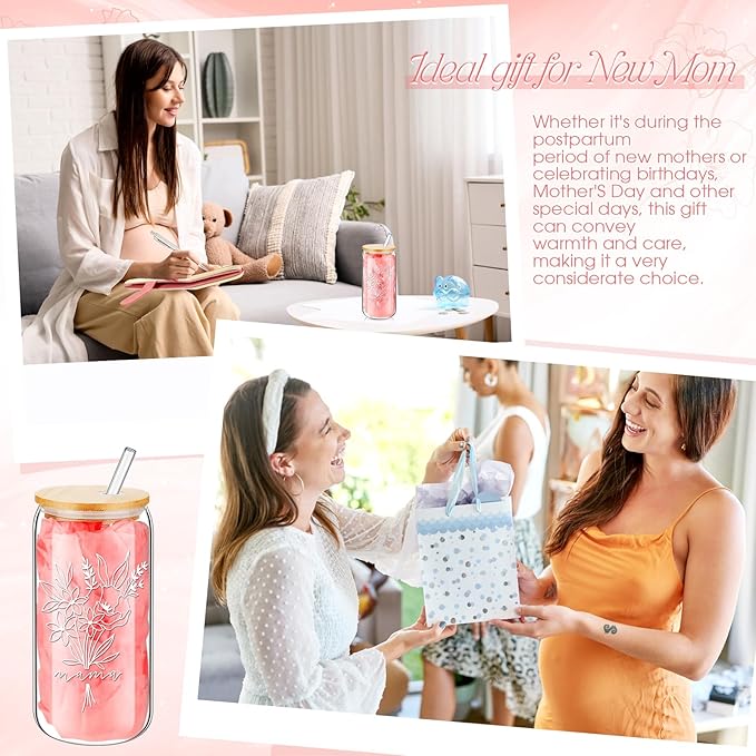 LemonRoad 6 Pcs New Mom Gifts, Pregnancy Gift for Expecting Mom, Baby Shower Favor for New Mommy After Birth, Aesthetic Flower Tumbler Notebook Pen Sock Dried Flower Greeting Card for Mommy(Pink)