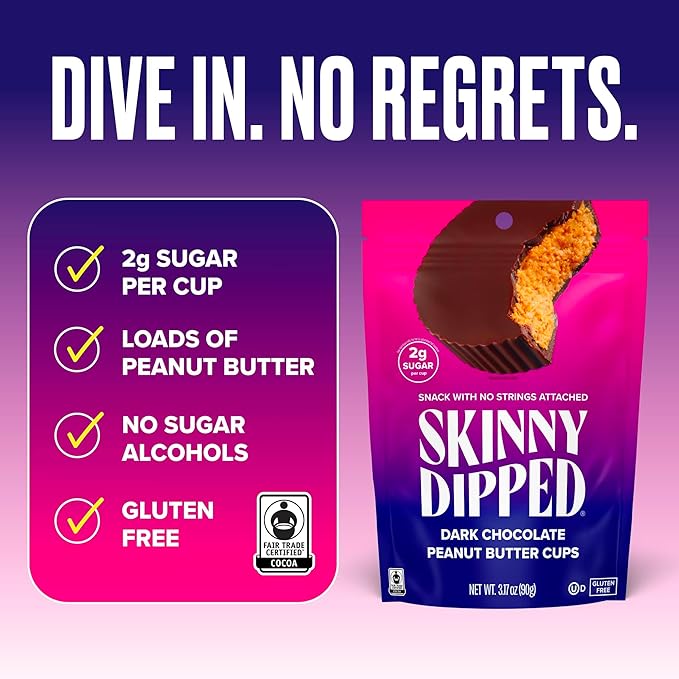 SkinnyDipped Dark Chocolate Peanut Butter Cups, 2g Sugar per Cup, Keto Friendly, Low Carb, Gluten Free, 3.2oz, 4 Pack (24 Cups Total)