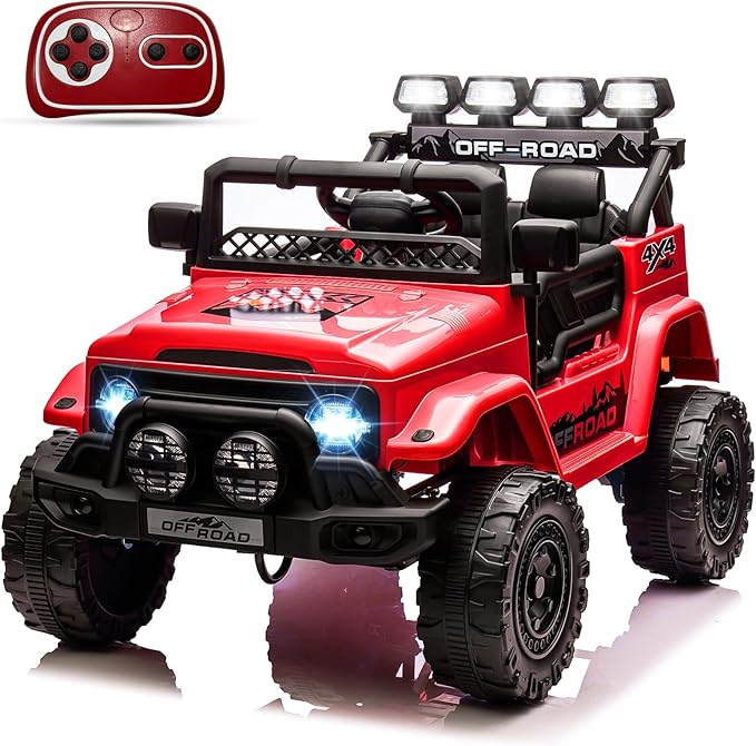 GarveeLife 12V Kids Ride On Car, Ride On Toy for Kids Ages 37-96 Months, Electric Truck with 5MPH Max Speed, Remote Control, Steering Wheel, Accelerator Pedal, Treaded Tires, Music and Story, Red