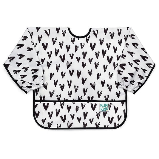 Bumkins Sleeved Bib for Girl or Boy, Baby and Toddler for 6-24 Months, Essential Must Have for Eating, Feeding, Baby Led Weaning Supplies, Long Sleeve Mess Saving Food Catcher, Hearts Black and White