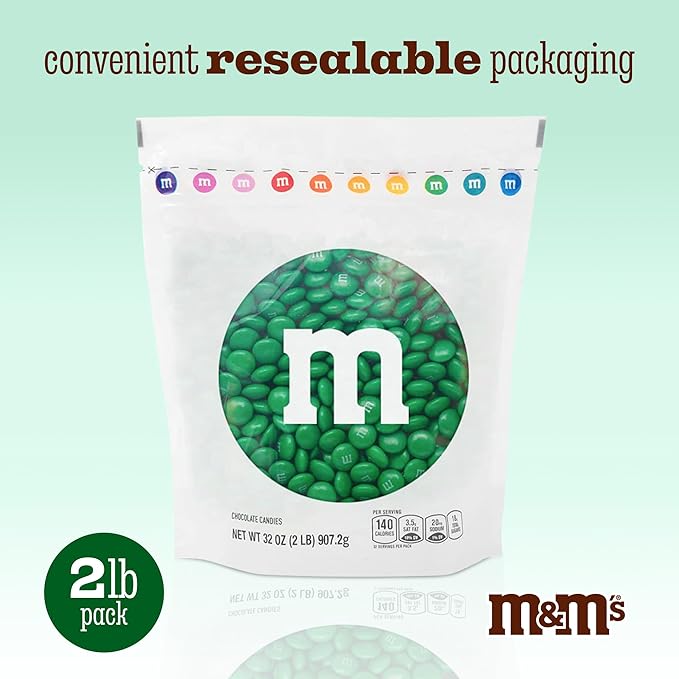 M&M’S WORLD Dark Green Milk Chocolate Candy Bulk, 2lbs of M&M'S in Resealable Pack for Candy Bars, Holiday Parties, Graduations, Christmas, Dessert Tables & DIY Party Favors