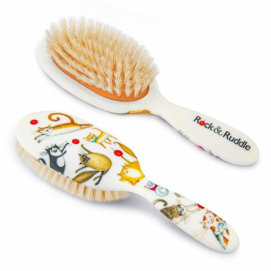 Rock & Ruddle Soft White Natural Boar Bristle Hairbrush for Babies and Young Children | Perfect for Fine Hair Detangling and Smoothing - Cute Cats