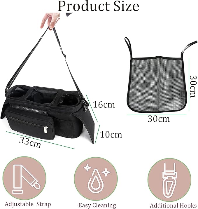 HOINCO Universal Baby Stroller Organizer，with Heightened Insulated Cup Holder,Detachable Phone Bag,Shoulder Strap and Mesh Bag，Fits Most Strollers.