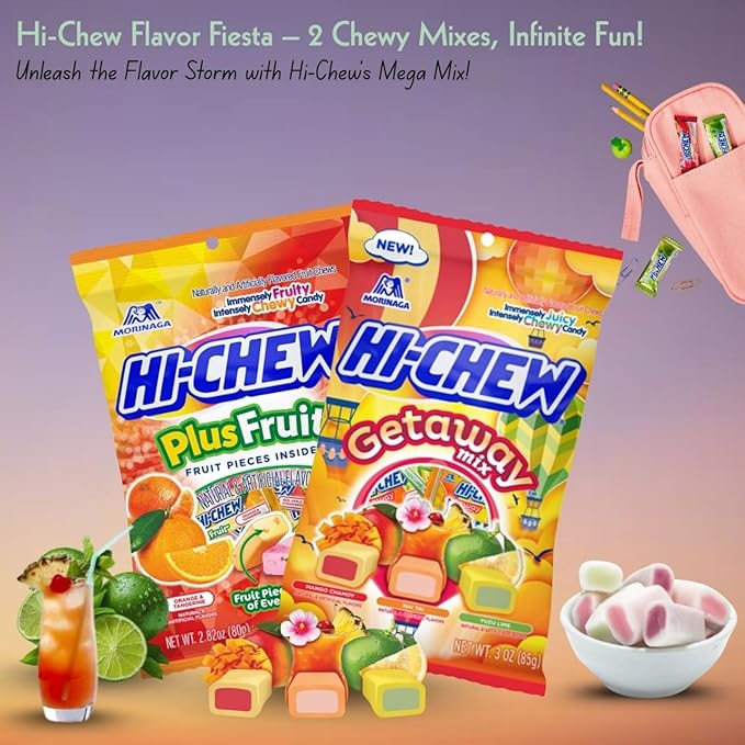 Hi Chew Candy Variety Mix, Pack of 4 Bags – 12 Flavor Assortment of Soft & Chewy Fruit Candy – Includes Fantasy Mix, Sweet & Sour, Berry, and Dessert Flavors – Individually Wrapped for Sharing & Snacking