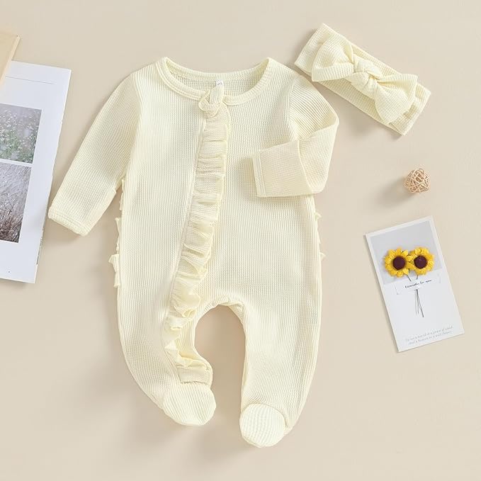 Newborn Girl Clothes Baby Girl Coming Home Outfit Zipper One-piece Outfits Ruffle Footie Bodysuit Jumpsuit Headband