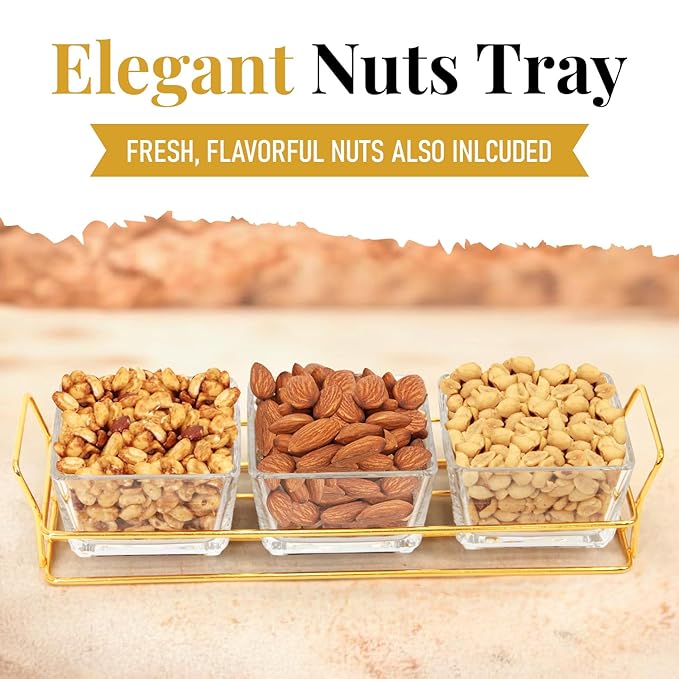 Nuts gift Basket Luxurious and Elegant 3 Sectional Premium Reusable Glass Tray, Fathers Day Gift Basket.