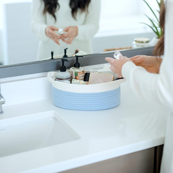 NaturalCozy 3-Piece Oval Storage Basket Set– Soft Natural Rope Woven Baskets for Storage Shelf, Toy, Nursery, Gift, Baby Shower, Pets Cat Dog Bins | Small Basket for Organizing (Off White & Blue)