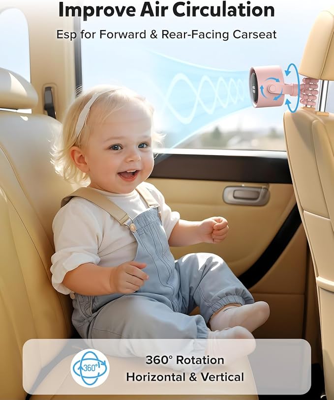 AMACOOL Baby Stroller Fan, Rechargeable Portable Clip on Fan, 17H Cooling with 5 Speeds, LED Display, 360°Rotate Personal Cooling Fans for Car Seat, Crib, Travel, Camping, Gifts for New Parents