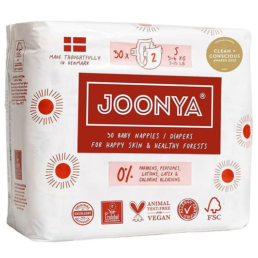 Joonya Baby Diapers, Size 2 S (7-13 lb) - 1 Bag of 30 - New Range - NonToxic, Eco-Friendly, Ultra Slim, Overnight Use - Made in Denmark