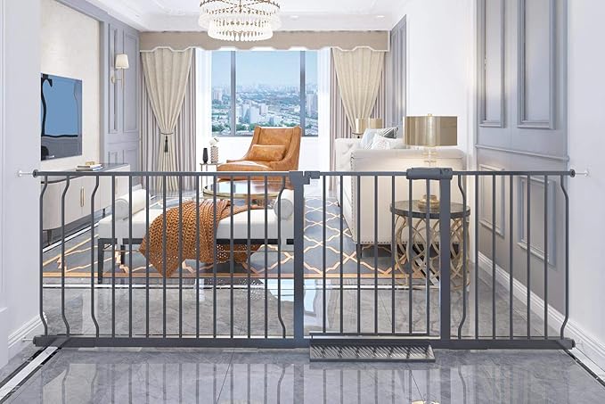 Extra Wide Baby Gate Tension Indoor Safety Gates Black Metal Large Pressure Mounted Pet Gate Walk Through Long Safety Dog Gate for The House Doorways Stairs (76.38"-81.10"/194-206CM, Black)