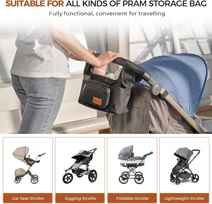 Universal Stroller Organizer with Insulated Cup Holder & Detachable Wristlet Large Capacity Baby Stroller Bag Organizer for Mom, Baby Jogger, Uppababy, Britax, BOB, Umbrella & Pet Strollers(Black)