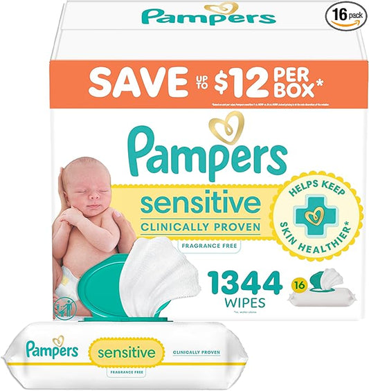 Pampers Baby Wipes, Sensitive, Water Based Wipe, Clinically Proven, Hypoallergenic, and Unscented for Babies, 1344 Wipes Total (16 Flip-Top Packs) [Packaging May Vary]