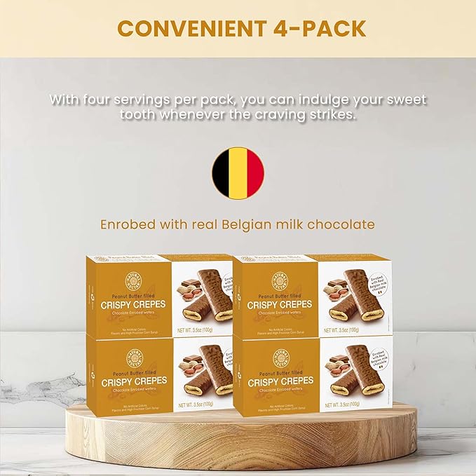 Natural Nectar Crispy Crepes Milk Chocolate & Peanut Butter, Pack of 4 - Irresistibly Delicious Treat, Perfect for Snacking or Desserts | Made with Real Belgian Chocolate
