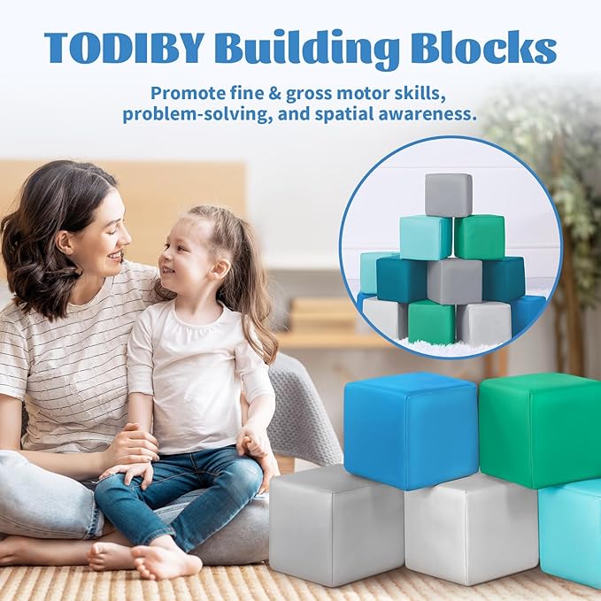 Foam Building Blocks for Toddlers：12-Pieces Wipeable Leather Stacking Cubes Kids - Large Soft Toys Play Set for Learning Construction Baby Preschool Daycare Therapy Birthday Gift (Modern)
