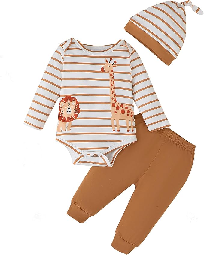 SUNNY PIGGY Baby Boy Clothes Newborn Infant Boys Outfits Romper Hat Pants 3PC Set 0-3 3-6 6-12 12-18 Month Clothing Gift