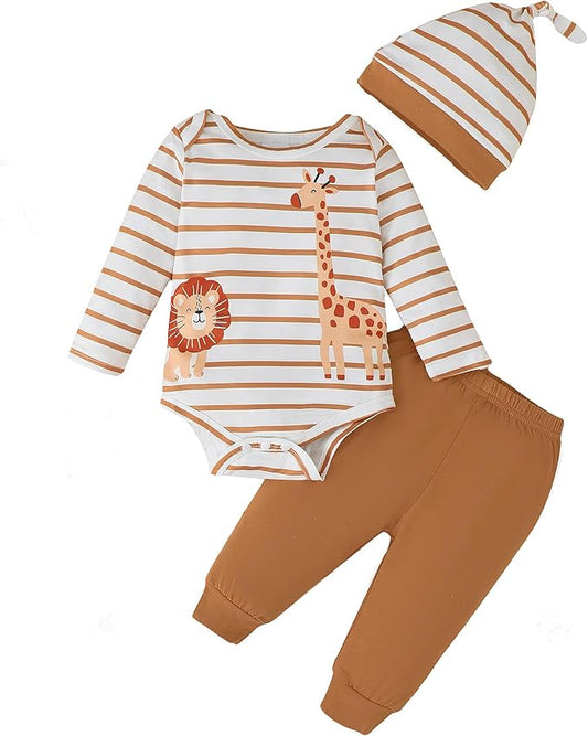 SUNNY PIGGY Baby Boy Clothes Newborn Infant Boys Outfits Romper Hat Pants 3PC Set 0-3 3-6 6-12 12-18 Month Clothing Gift