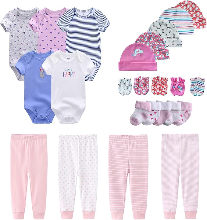 Newborn Layette Gift Set Bodysuits Pants for Baby Girl and Boy 24 Piece 100% Cotton Essentials and Accessories
