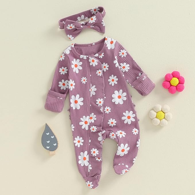 Newborn Girl Clothes Baby Girl Coming Home Outfit Zipper One-piece Outfits Ruffle Footie Bodysuit Jumpsuit Headband