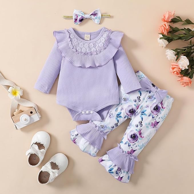 Newborn Baby Girl Clothes Infant Girl Outfits Long Sleeve Ruffle Romper + Floral Pants + Headband Set