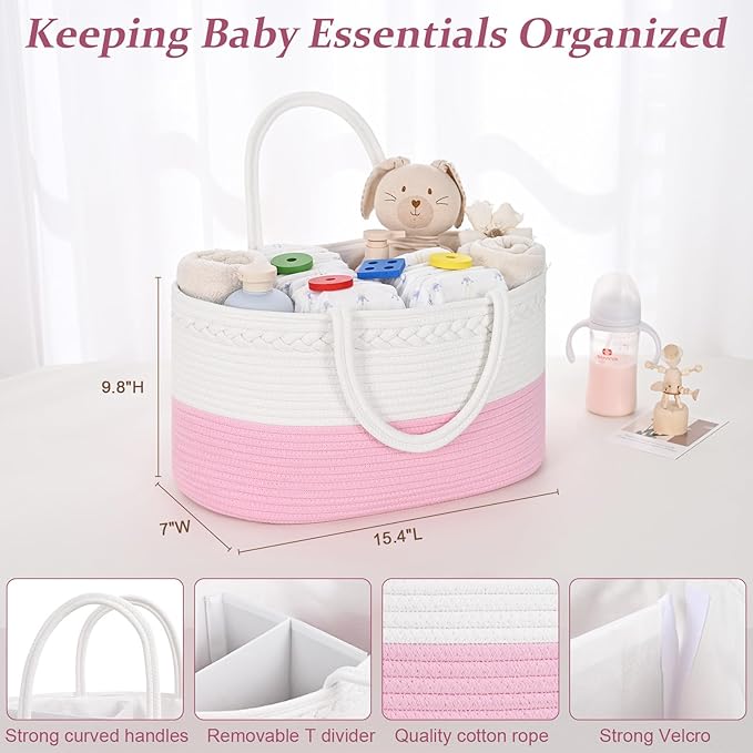 Baby Diaper Caddy Organizer, Cotton Rope Diaper Basket, Baby Basket for Changing Table, Nursery, Car, Changing Table Storage Bin With Removable Divider, Baby Shower Gifts for Newborn, Baby Essentials