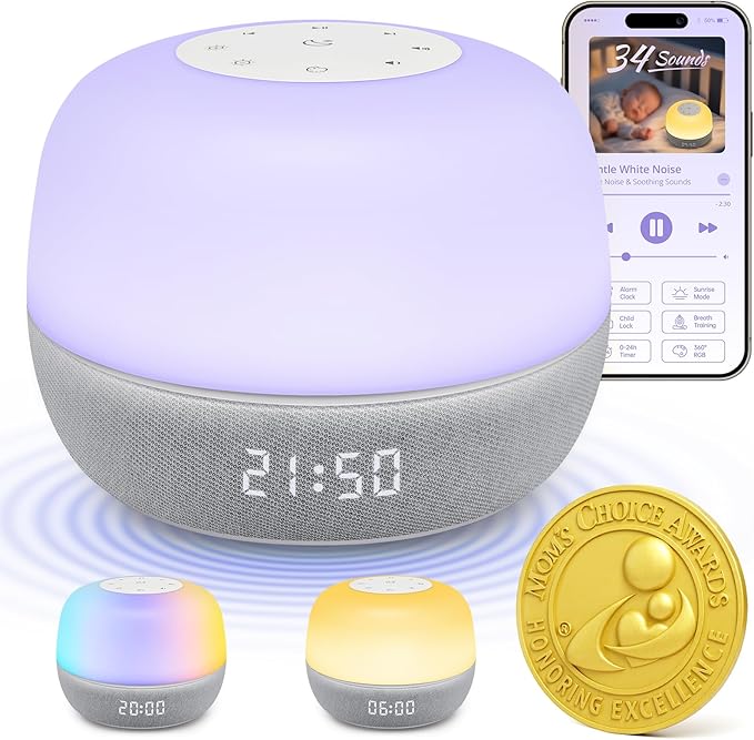 2025 Mom's Choice Awards | White Noise Sound Machine Baby with Sunrise Alarm & App Control – Sound Machine with 360 RGB Night Light, Sleep Soother for Adults & Kids, Baby Essentials for Newborns