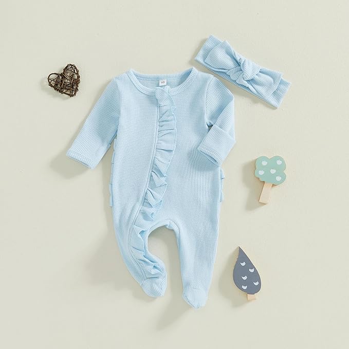 Fanvereka Newborn Infant Baby Girl Fall Outfit Romper 3 6 12 Months Girls Long Sleeve Full Length Zipper Footie Headband