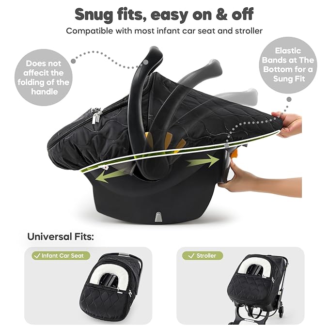 Winter Baby Car Seat Cover, Waterproof, Windproof Warm Fleece Breathable with Full Zipper for Newborn Car Seat, Black