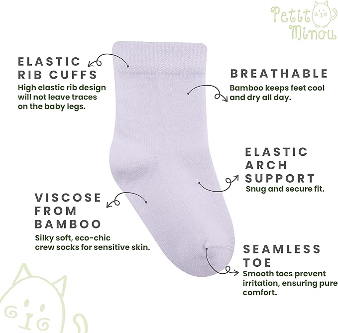 Luna Seamless-Toe Viscose from Bamboo Crew Socks - Soft Eco-Friendly 6-Pack Baby & Toddler Socks