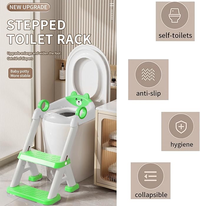 PandaEar Toilet Potty Training Seat with Step Stool Ladder, Comfortable Safe Potty Seat with Anti-Slip Pads Ladder & Bear Design for Kids Boys Toddlers -Green