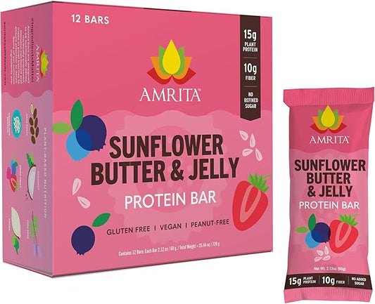 Amrita Nut Free Vegan Protein Bars (12 CT) | Sunflower Butter & Jelly 15g Plant-Based Protein Bar | Peanut-Free, Gluten Free, and Dairy-Free | No Added Sugar, High Fiber,Healthy Snacks for Kids/Adults