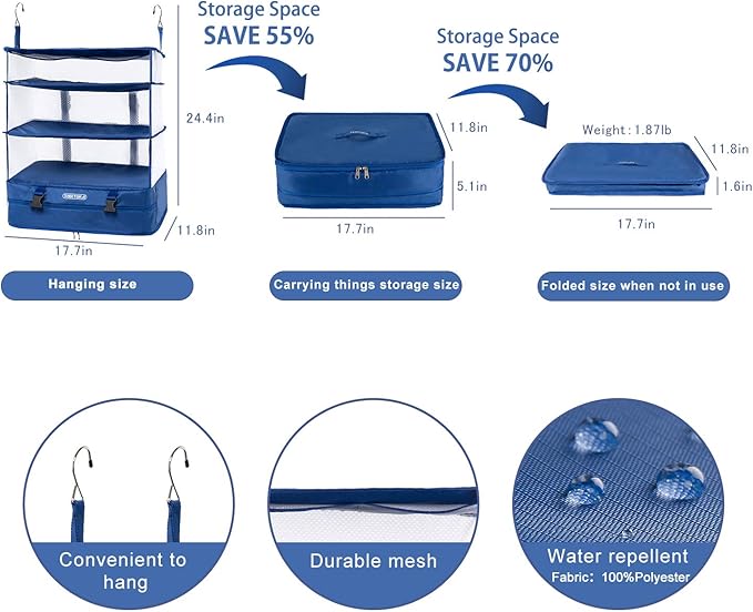 TABITORA Portable Hanging Travel Shelves Bag Packing Cube Organizer Suitcase Storage Large Capacity