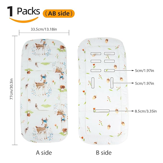 Baby Stroller Cushion,Infant Car Seat Insert-Reversible Universal Breathable and Soft Newborn Stroller Mat,100% Cotton Cover Toddler Seat Pad Liner-34x78cm,1 Pack(Deer+Hazelnut)