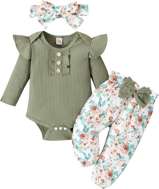 GDTOGRT Baby Girl Clothes Newborn Infant Outfits Ruffle Romper+ Floral Pants + Cute Headband Sets for Girls