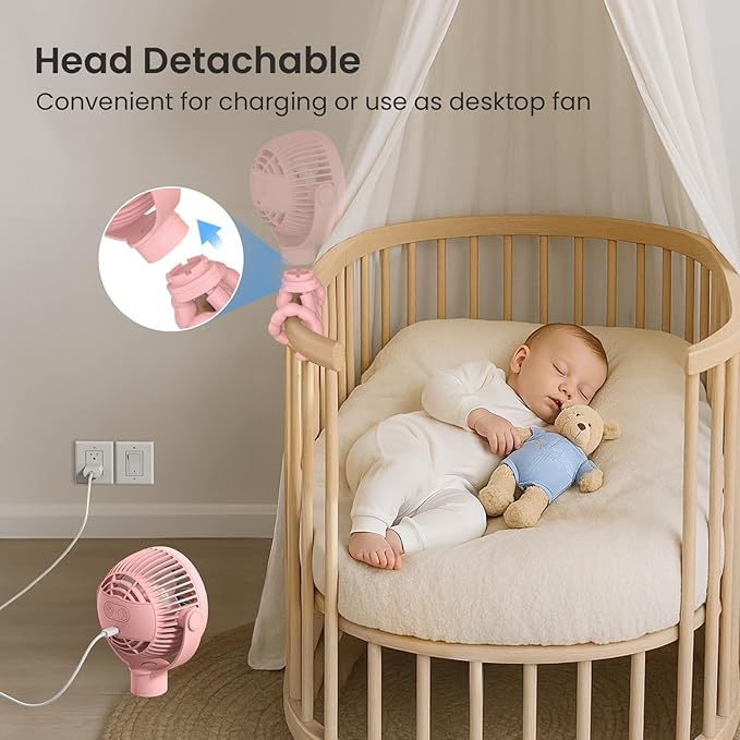 Portable Stroller Fan, 4000mAh Rechargeable Clip on Baby Fan 25H Battery Life, Head Detachable 360° Rotate Mini Fans, 4 Speed Personal Fans with Night Light for Car Seat Crib Bike Treadmill