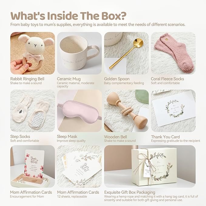 New Mom & Baby Gift Basket | Pregnancy & Baby Shower Gifts for First-Time Moms | Pink Mama Bear Mug & Bunny Rattle Gift Set