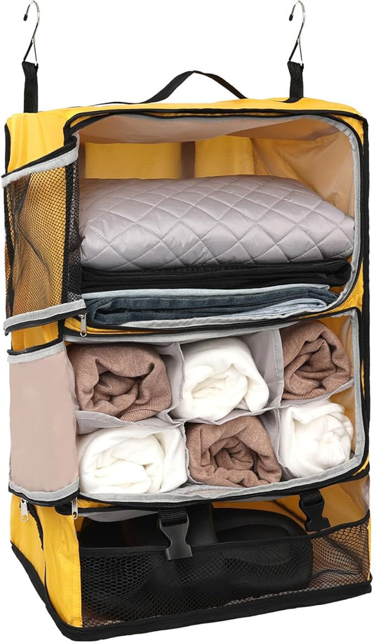 TABITORA Travel Portable Hanging Shelves Closet Organizer Packing Luggage Storage with Multifunctional and Foldable Invisible Compartment,Lightweight, for Suitcase, RV,Closet…Yellow,XXL