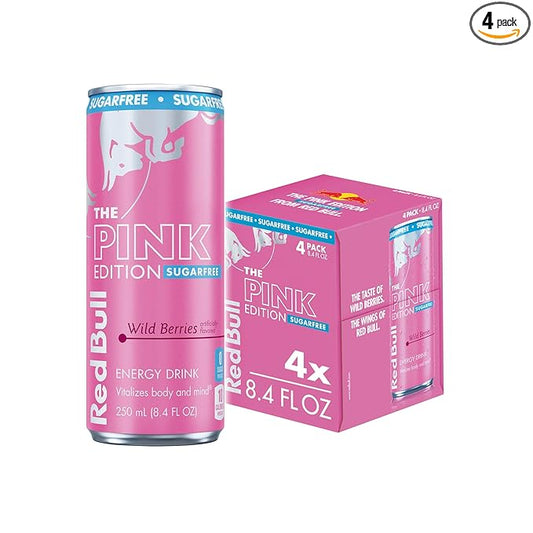 Red Bull Pink Edition Sugar Free Energy Drink, Wild Berries, 8.4 fl. oz., Pack of 4 cans, with 80mg Caffeine, Taurine & B Vitamins