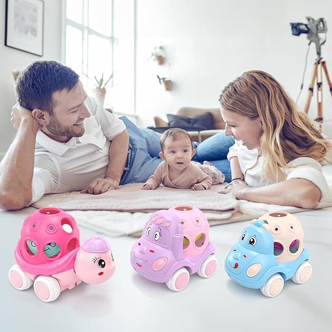 Baby Girl Toy Cars for Toddlers 1-3, Push and Go Rattle Cars for Baby Toy 6-9-12-18 Months, First Birthday Gifts for 1 2 Year Old Girls, Infant Pink Friction Truck Set