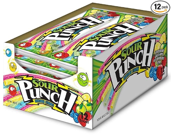 Sour Punch Straws, Rainbow Flavors, 4.5oz Tray (Pack of 12), Lemon, Apple, Strawberry & Blue Raspberry Soft and Chewy Candy