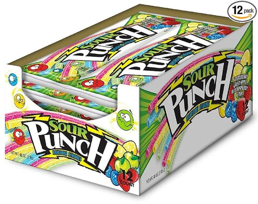 Sour Punch Straws, Rainbow Flavors, 4.5oz Tray (Pack of 12), Lemon, Apple, Strawberry & Blue Raspberry Soft and Chewy Candy