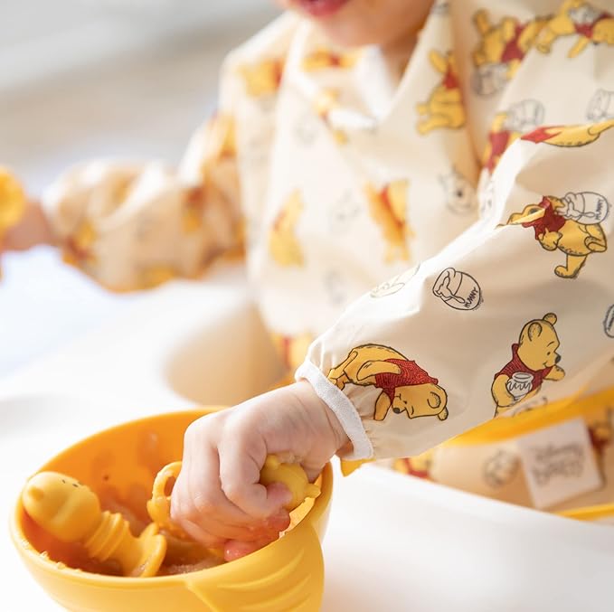Bumkins Disney Sleeved Bib for Girl or Boy, Baby and Toddler for 6-24 Mos, Essential Must Have for Eating, Feeding, Baby Led Weaning, Long Sleeve Mess Saving Food Catcher, Winnie the Pooh Hunny