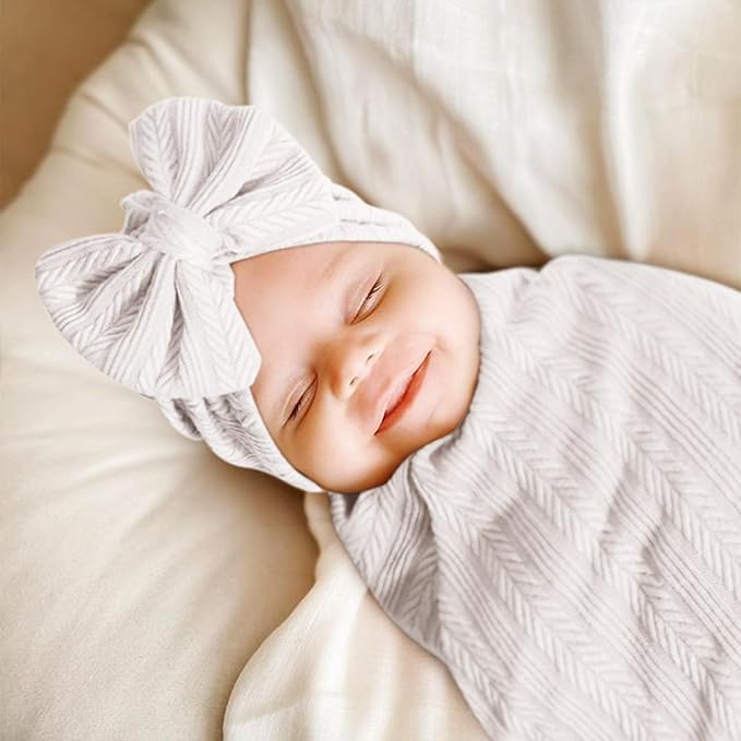 Newborn Receiving Blanket with Bow Hat Mittens Wooden Card Set Wheat-Pattern Newborns Toddler Baby Boy Girl Nursery Swaddle Wrap