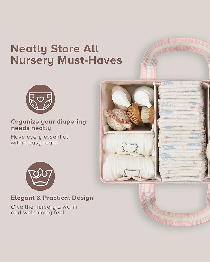 PeraBella XL Diaper Caddy Organizer With Handle, Baby Shower Gifts Basket Bag, Registry Search Must Haves Items, Newborn Girl Boy Nursery Storage Organizer, Baby Bag Essentials, Car Diaper Caddy Cart